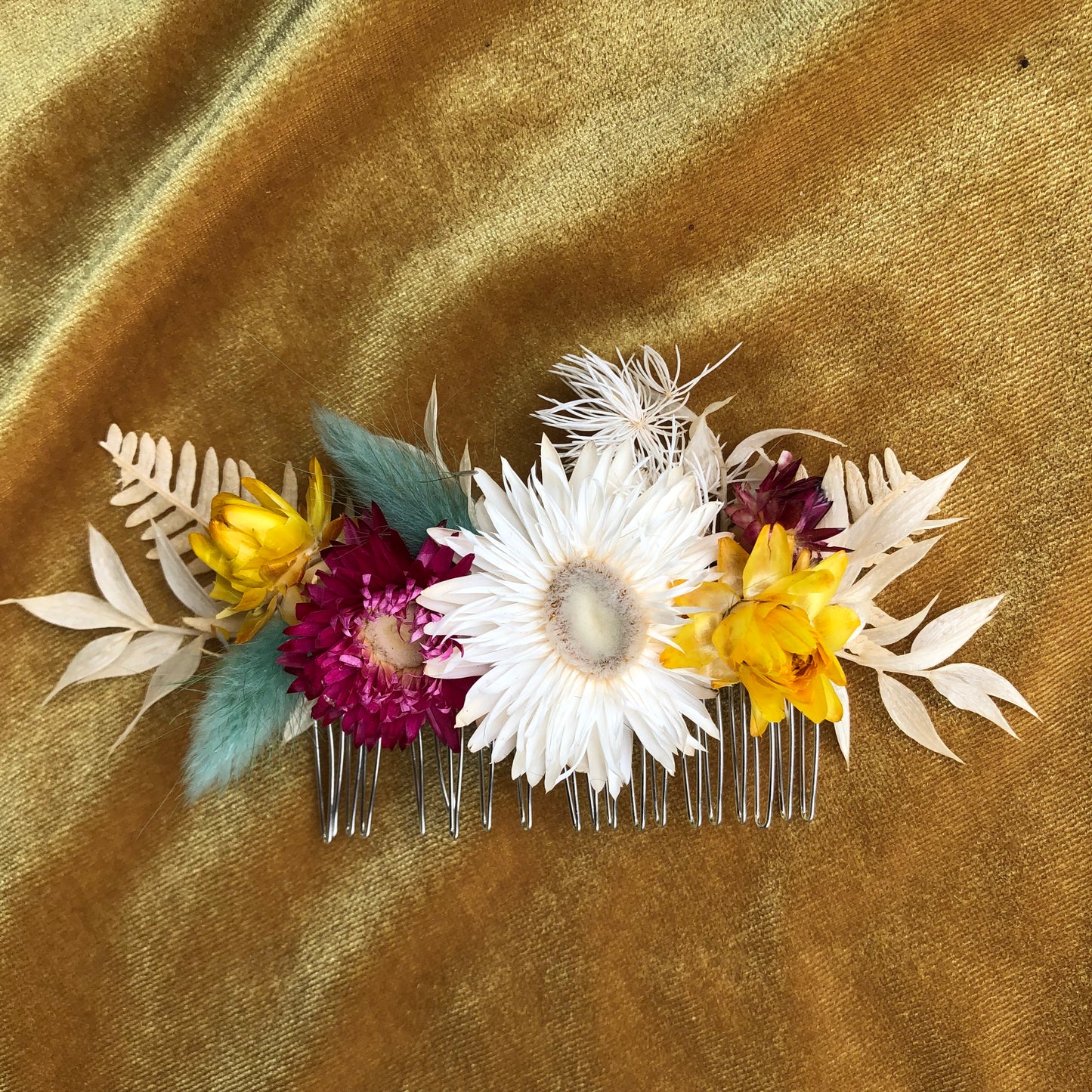 Teal Fuschia & Yellow Floral Hair Comb