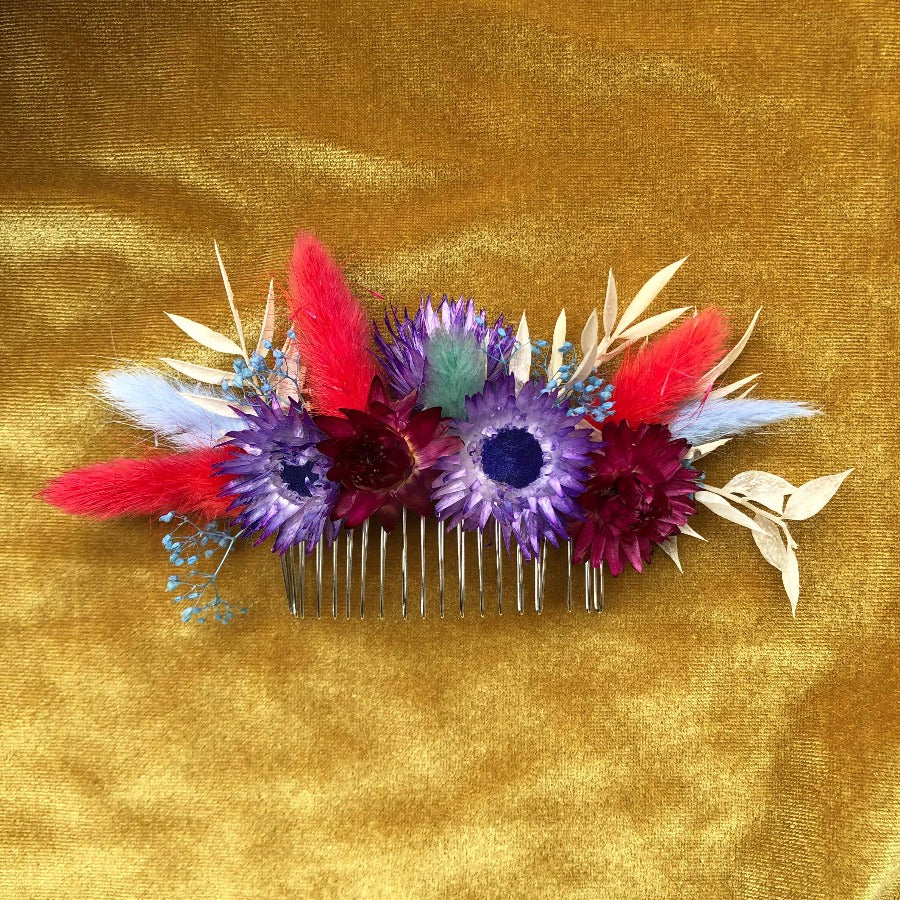 Purple Red & Blue Floral Hair Comb